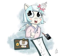 Size: 1039x945 | Tagged: safe, artist:furryxxi-02, coco pommel, g4, banner, bread, brush, cheeks, dango, female, ink, japanese, japanese tea, kimono (clothing), name, pastry, roll, sencha, signature, solo, tea