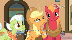 Size: 853x478 | Tagged: safe, screencap, applejack, big macintosh, granny smith, earth pony, pony, g4, pinkie apple pie, apple family traffic light, male, stallion