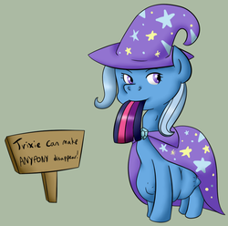 Size: 709x702 | Tagged: safe, artist:emeraldfur, trixie, twilight sparkle, pony, unicorn, g4, belly, cape, clothes, eating, female, hat, mare, oral vore, preylight, sign, swallowing, tail sticking out, throat bulge, trixie predamoon, trixie's cape, trixie's hat, vore