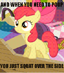 Size: 469x540 | Tagged: safe, edit, edited screencap, screencap, apple bloom, earth pony, pony, g4, pinkie apple pie, animated, caption, female, filly, foal, implied pooping