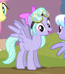 Size: 300x341 | Tagged: safe, screencap, cloudchaser, flitter, fluttershy, pony, g4, hurricane fluttershy, animated, bow, cropped, eyes closed, female, goggles, happy, offscreen character, raised hoof, smiling, solo focus, spread wings, standing