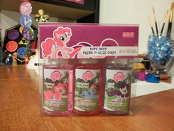 Size: 3648x2736 | Tagged: safe, pinkie pie, rainbow dash, rarity, g4, body mist, gilgamesh, merchandise, strawberry, watermelon