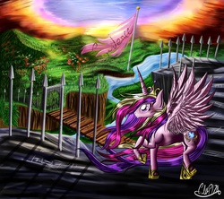 Size: 1800x1600 | Tagged: safe, artist:calebp1716, princess cadance, g4, banner, female, field, river, solo, spear