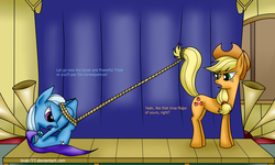 Size: 2560x1536 | Tagged: safe, artist:brab777, applejack, trixie, g4, applejack hogtying trixie, bondage, duo, hogtied, prehensile tail, rope