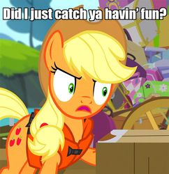 Size: 556x574 | Tagged: safe, applejack, earth pony, pony, g4, pinkie apple pie, angry, caption, faic, female, frown, glare, image macro, mare, meme, no fun allowed, open mouth, reaction image, solo, the boondocks, wide eyes
