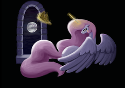 Size: 1280x906 | Tagged: safe, artist:inlucidreverie, princess celestia, g4, crying, female, long mane, long tail, magic, mare in the moon, moon, night, solo, window