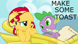Size: 960x540 | Tagged: safe, artist:bubblestormx, spike, sunset shimmer, dragon, pony, unicorn, friendship is magic, g4, character swap, chariot, duo, female, floppy ears, frown, grin, make some friends, male, mare, smiling, toast
