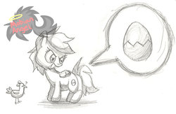Size: 1024x669 | Tagged: safe, scootaloo, chicken, pegasus, pony, g4, egg, female, filly, monochrome, scootachicken, solo