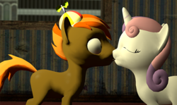 Size: 640x382 | Tagged: safe, button mash, sweetie belle, earth pony, pony, unicorn, g4, 3d, buttonbetes, colt, cute, diasweetes, duo, female, filly, foal, gmod, kiss on the lips, kissing, lips, male, ship:sweetiemash, shipping, straight, surprise kiss, surprised