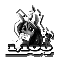 Size: 1280x1357 | Tagged: safe, artist:jokerpony, princess luna, queen chrysalis, ask teen chrysalis, g4, crossed hooves, floppy ears, followers, looking at you, milestone, monochrome, mouth hold, sign, simple background, sitting, smiling, thank you, transparent background, tumblr, unamused