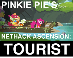 Size: 576x462 | Tagged: safe, apple bloom, applejack, big macintosh, granny smith, pinkie pie, earth pony, pony, g4, pinkie apple pie, male, meme, nethack, raft, scariest cave in equestria, stallion, tourist