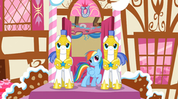 Size: 1054x592 | Tagged: safe, screencap, rainbow dash, pegasus, pony, a bird in the hoof, g4, season 1, female, male, mare, pegasus royal guard, royal guard, stallion