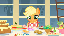 Size: 1054x593 | Tagged: safe, screencap, applejack, a bird in the hoof, g4, bib, buffet, female, food, hors d'oeuvre, solo, table