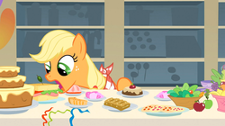 Size: 1054x592 | Tagged: safe, screencap, applejack, a bird in the hoof, g4, season 1, buffet, female, ponies eating meat, sandwich, solo