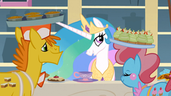 Size: 1054x592 | Tagged: safe, screencap, carrot cake, cup cake, princess celestia, alicorn, earth pony, pony, a bird in the hoof, g4, season 1, crown, eyes closed, female, grin, hat, husband and wife, jewelry, male, mare, peytral, regalia, smiling, stallion, trio