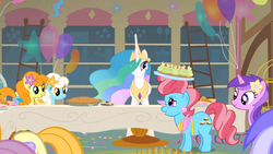 Size: 1053x592 | Tagged: safe, screencap, amethyst star, carrot top, cup cake, golden harvest, princess celestia, serena, sparkler, a bird in the hoof, g4, cupcake, food, pie, wrong cutie mark