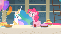 Size: 1053x592 | Tagged: safe, screencap, pinkie pie, princess celestia, a bird in the hoof, g4