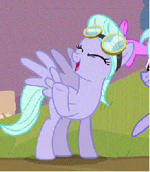 Size: 300x344 | Tagged: safe, edit, edited screencap, screencap, cloudchaser, flitter, pegasus, pony, g4, hurricane fluttershy, animated, cropped, female, goggles, laughing, laughingmares.jpg, loop, offscreen character, solo focus