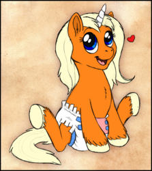 Size: 893x1000 | Tagged: safe, artist:isabellaprice, oc, oc only, oc:dreamsicle, pony, unicorn, baby, baby pony, diaper, foal, heart, solo, unshorn fetlocks