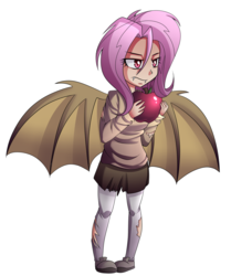 Size: 1463x1750 | Tagged: safe, artist:drawntildawn, fluttershy, bat pony, human, bats!, g4, apple, clothes, fangs, female, flutterbat, humanized, light skin, race swap, skirt, solo, sweater, sweatershy, torn clothes, winged humanization