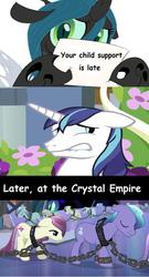 Size: 490x906 | Tagged: safe, queen chrysalis, shining armor, earth pony, pony, unicorn, g4, adultery, child support, chrysalis' note, comic, comic sans, deadbeat, exploitable, female, infidelity, infidelity armor, male, mare, parody, shining, sign, slavery, stallion