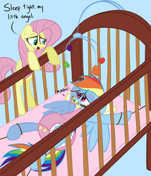 Size: 1280x1493 | Tagged: safe, artist:skitter, fluttershy, rainbow dash, fanfic:pattycakes, g4, adult foal, bondage, crib, diaper, diaper bondage, diaper fetish, diaper slave, female, mobile, muffled words, non-baby in diaper, onesie, pacifier, pacifier gag, poofy diaper, tied down