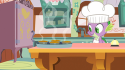 Size: 1054x592 | Tagged: safe, screencap, spike, dragon, a bird in the hoof, g4, chef's hat, hat, male, solo