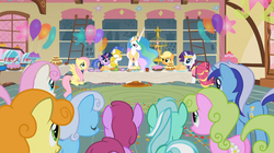 Size: 1054x592 | Tagged: safe, screencap, applejack, berry punch, berryshine, carrot top, daisy, flower wishes, fluttershy, golden harvest, linky, lyra heartstrings, minuette, philomena, princess celestia, rarity, shoeshine, twilight sparkle, twinkleshine, alicorn, bird, earth pony, pegasus, phoenix, pony, unicorn, a bird in the hoof, g4, season 1, background pony, balloon, bird cage, cake, clothes, cup, dress, ethereal mane, eyes closed, female, folded wings, food, gala dress, ladder, looking at someone, male, mare, pie, plate, royal guard, sandwich, smiling, spread wings, stallion, sugarcube corner (interior), table, tablecloth, teacup, wings