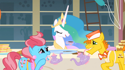 Size: 1054x592 | Tagged: safe, screencap, carrot cake, cup cake, princess celestia, alicorn, earth pony, pony, a bird in the hoof, g4, female, male, mare, mouth hold, prank, stallion, tea, teacup, teapot, this will end in tears and/or a journey to the moon