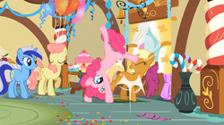 Size: 1054x592 | Tagged: safe, screencap, apple cobbler, berry punch, berryshine, gala appleby, minuette, pink lady, pinkie pie, earth pony, pony, a bird in the hoof, g4, apple family member, cartwheel, kick