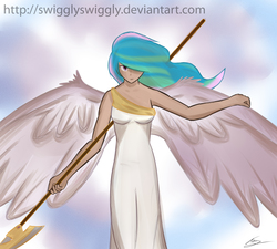 Size: 4921x4429 | Tagged: safe, artist:swigglyswiggly, princess celestia, human, g4, absurd resolution, female, halberd, humanized, light skin, solo, winged humanization