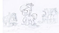 Size: 959x542 | Tagged: safe, artist:lockerobster, button mash, sweetie belle, earth pony, pony, g4, angry ponys, button smash, destruction, female, giant button mash, giant pony, hat, lineart, macro, male, monochrome, propeller hat, scared, ship:sweetiemash, shipping, sorry my bad, straight, traditional art, whoops, wip, worried