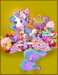 Size: 745x960 | Tagged: safe, artist:saint-juniper, princess celestia, g4, cake, candy, clothes, color porn, cupcake, donut, dress, female, food, mouth hold, socks, solo
