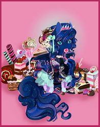 Size: 751x960 | Tagged: safe, artist:saint-juniper, princess luna, g4, cake, candy, clothes, color porn, cupcake, donut, female, food, mouth hold, solo