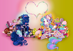 Size: 1300x913 | Tagged: safe, artist:saint-juniper, princess celestia, princess luna, alicorn, pony, g4, cake, candy, clothes, color porn, cupcake, donut, duo, female, food, lollipop