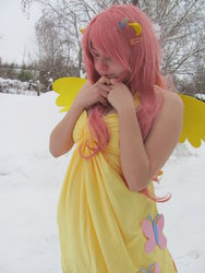 Size: 1024x1365 | Tagged: safe, artist:tikkanii, fluttershy, human, g4, cosplay, irl, irl human, photo, snow, solo