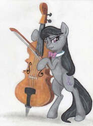 Size: 626x846 | Tagged: safe, artist:benrusk, octavia melody, earth pony, pony, g4, bipedal, cello, female, musical instrument, simple background, solo, traditional art