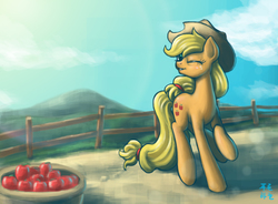 Size: 2631x1938 | Tagged: safe, artist:mrs1989, applejack, g4, apple, female, fence, lens flare, one eye closed, solo, wink