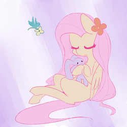 Size: 1000x1000 | Tagged: safe, artist:pegacornss, fluttershy, bird, pegasus, pony, g4, eyes closed, female, flower, folded wings, hug, plushie, sitting, solo, wings