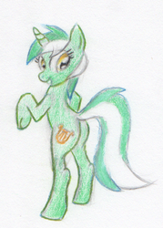 Size: 379x528 | Tagged: safe, artist:benrusk, lyra heartstrings, pony, unicorn, g4, bipedal, female, grin, looking back, mare, smiling, solo, traditional art