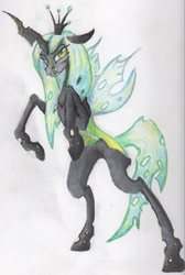 Size: 634x946 | Tagged: dead source, safe, artist:benrusk, queen chrysalis, changeling, changeling queen, g4, bipedal, crown, female, jewelry, rearing, regalia, solo, traditional art