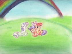 Size: 1250x928 | Tagged: safe, artist:benrusk, apple bloom, scootaloo, sweetie belle, g4, cutie mark crusaders, happy, rainbow, traditional art