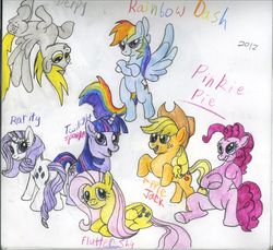 Size: 1363x1250 | Tagged: safe, artist:benrusk, applejack, derpy hooves, fluttershy, pinkie pie, rainbow dash, rarity, twilight sparkle, pegasus, pony, g4, female, mane six, mare, traditional art