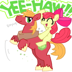 Size: 600x600 | Tagged: safe, artist:u1041, apple bloom, big macintosh, earth pony, pony, g4, apple bloom riding big macintosh, male, pixiv, ponies riding ponies, rearing, riding, stallion