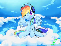 Size: 1024x768 | Tagged: safe, artist:tieba, rainbow dash, g4, :p, belly button, cloud, cloudy, cute, dashabetes, female, headphones, on a cloud, one eye closed, pixiv, silly, sitting, smiling, solo, spread wings, tongue out, wink