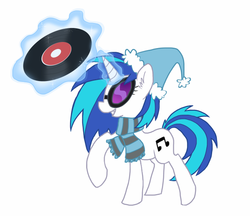 Size: 607x525 | Tagged: safe, artist:meekcheep, dj pon-3, vinyl scratch, pony, unicorn, g4, cap, clothes, female, hat, magic, record, scarf, solo