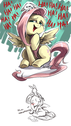 Size: 500x887 | Tagged: safe, artist:audrarius, angel bunny, fluttershy, pegasus, pony, g4, blushing, comic, dialogue, embarrassed, female, laughing, mare, noblewoman's laugh, open mouth