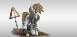 Size: 2000x962 | Tagged: safe, artist:ncmares, oc, oc only, oc:littlepip, pony, unicorn, fallout equestria, bandage, clothes, fanfic, fanfic art, female, gradient background, hooves, horn, jumpsuit, mare, pipboy, pipbuck, pipleg, sign, solo, vault suit