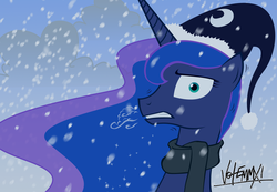 Size: 1000x692 | Tagged: dead source, safe, artist:equestria-election, princess luna, g4, cap, clothes, cold, female, freezing, hat, scarf, shivering, snow, snowfall, solo