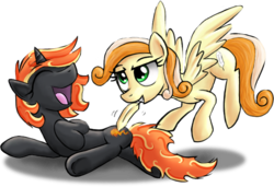 Size: 640x437 | Tagged: safe, artist:paper-pony, oc, oc only, oc:incendia, oc:tiptoe, pegasus, pony, unicorn, fanfic:antipodes, eyes closed, feather, flying, laughing, mouth hold, on side, open mouth, smiling, spread wings, tickling, underhoof